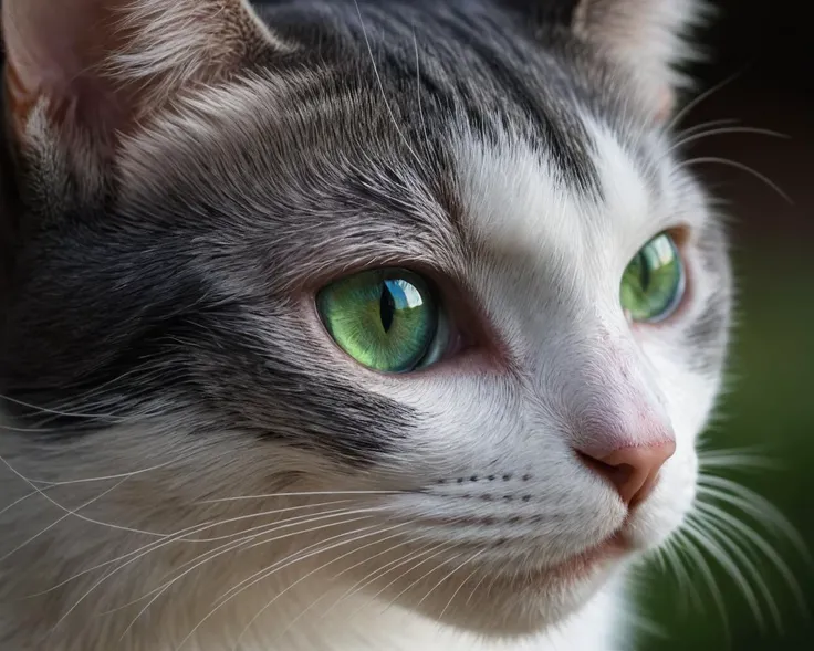 closeup portrait of a young (grey:1.1) white black cat stalking with beautiful green iridescent multi-shaded eyes, highly detailed, viewed from the side, focus on eyes, background out of focus, chiaroscuro