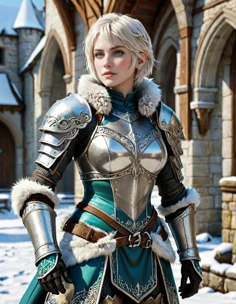 1girl, light armor, paladin, platinum blonde hair, (short hair:1.5), aqua eyes,    standing,  medieval, fur trim, snow, winter, floating hair, 
masterpiece, best quality, intricate, ambient occlusion  <lora:add_sharpness:1.0>