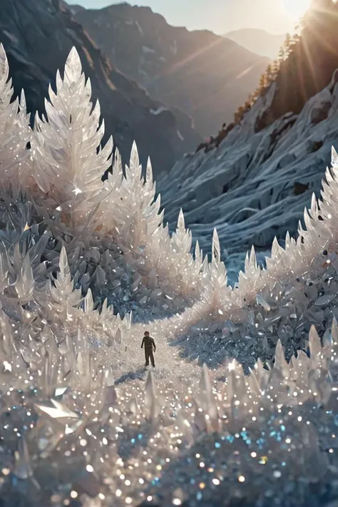 A dreamlike landscape where objects and figures are formed from shimmering crystals, light refracts in unexpected ways, conveying a sense of fragility and wonder