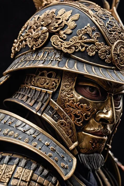 An ornately decorated samurai helmet reflecting the warrior's past battles: Close-up view, showcasing intricate details, scars, and a sense of history