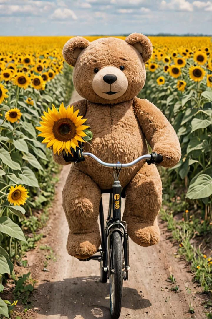 A giant teddy bear riding a bicycle through a field of sunflowers.