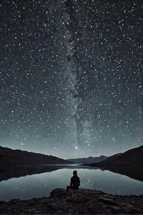 The quiet solitude of a single figure gazing out at a vast, starlit landscape