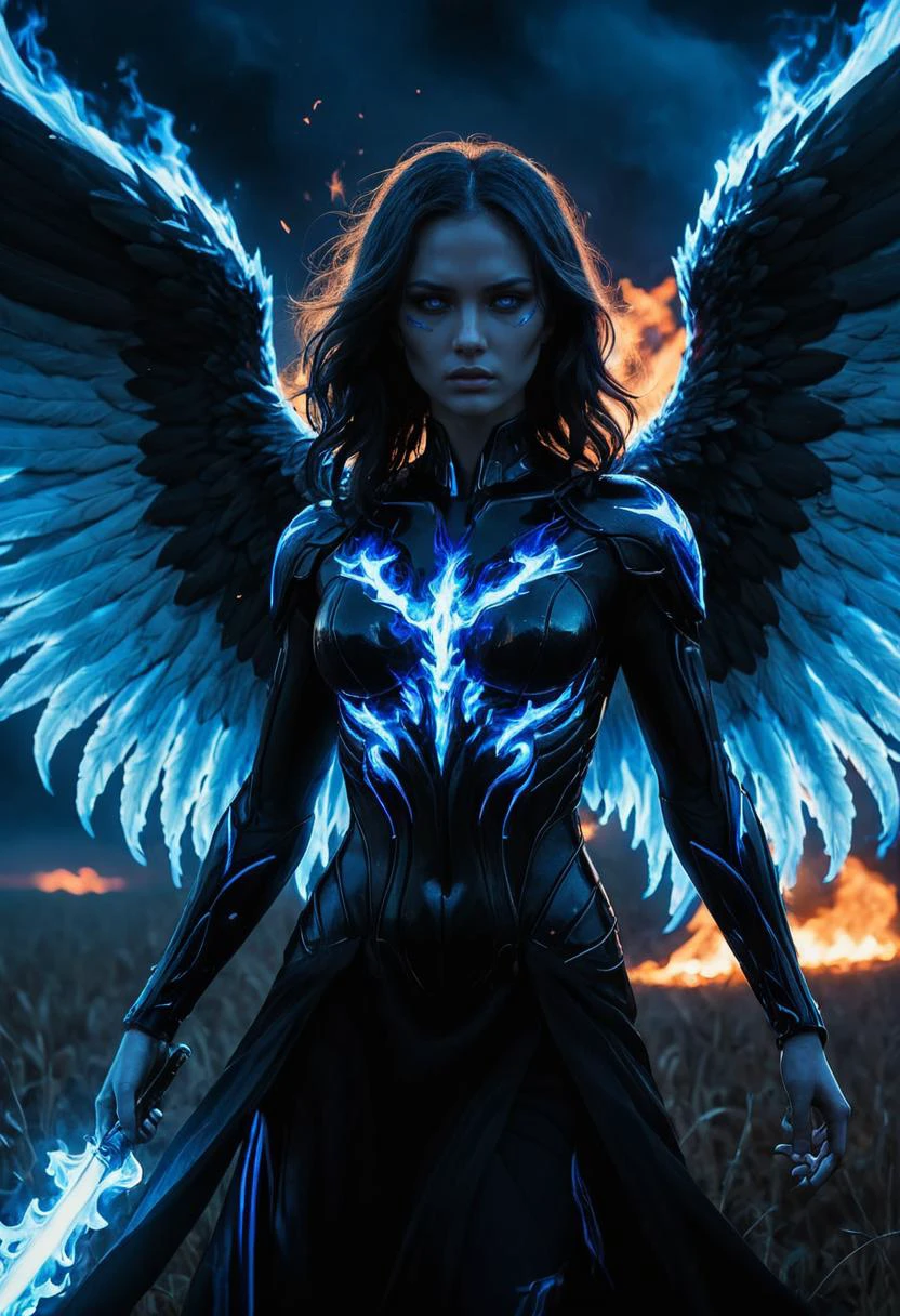portrait, horror-themed Radiant beautiful dark angel aT amidst a field of blue flame at night, aglow with blue fire, the dark ethereal form exudes a sense of calm and tranquility in the face of the furious inferno, dark theme, distortion for emotional effect, captures feeling over (form:1.05), style of Artgerm and Ilya Kuvshinov