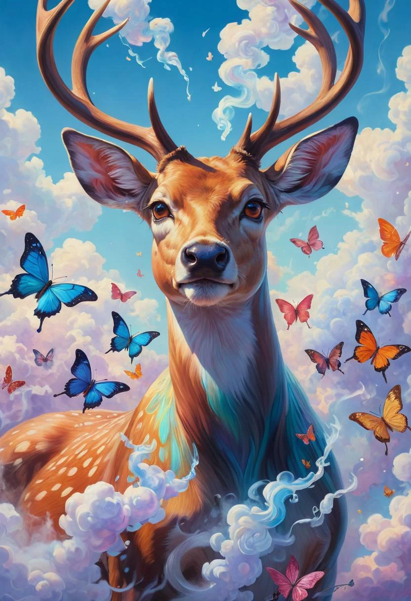 james jean, floating deer figure made of butterfly, smoke, in the sky, colorful and vibrant, mystical colors, contemporary impressionism, yanjun cheng portrait painting, iridescent painting, 3/4 perspective view, cute face, low angle, sweeping circling composition, large beautiful crystal eyes, big irises, UHD, HDR, 8K, (Masterpiece:1. 5), (the most beautiful portrait in the world:1.5)
