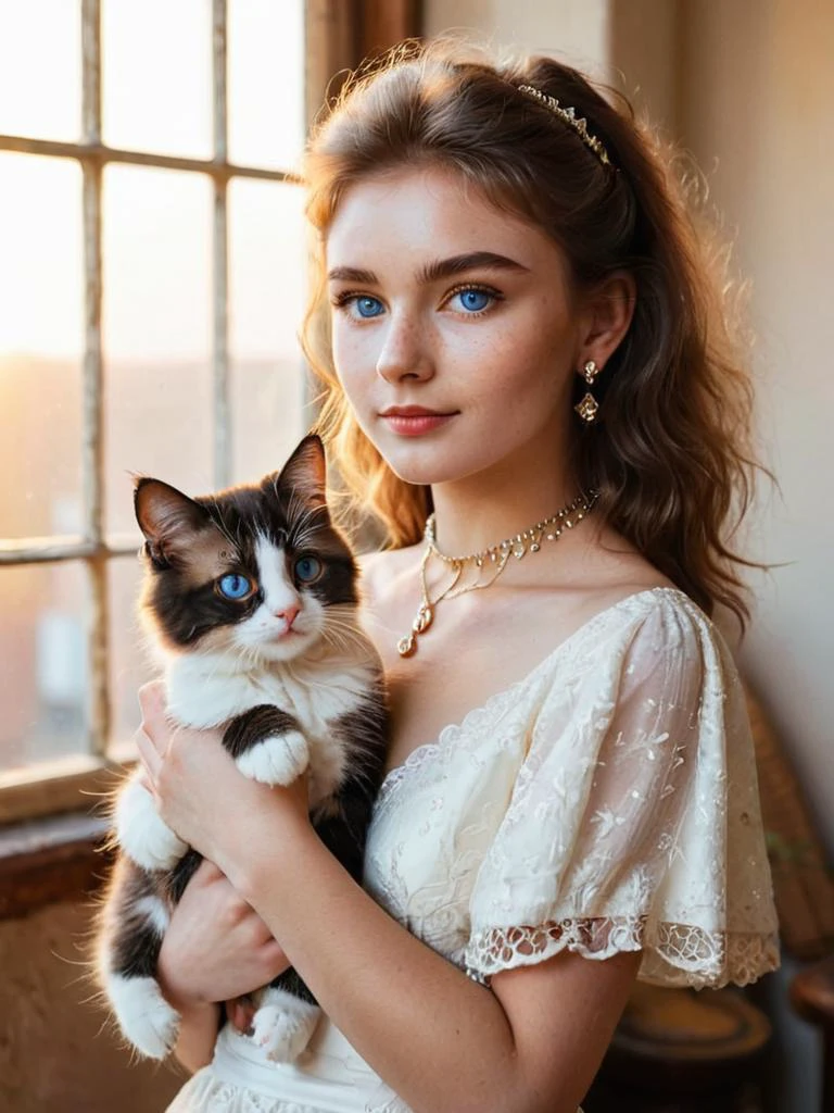 (1girl:1.15) holding a cat in her arms, beautiful fluffy cat, girl has short voluminous fluffy hair, perfect eyes, (European:1.3), blue eyes, (25 years old, young), (white dress:1.3), perfect body, petite body, (earrings:1.1), (diamond jewelry:1.2), (inviting expression:1.3), choker, (cream eyeliner:1.3), with subtle freckles, subtle skin blemishes, visible skin pores, natural skin texture, cozy castle bedroom, window, photorealistic, masterpiece, (golden hour:1.3), (warm glow:1.3), warm colors, (50mm f/1.2 portrait:1.3), RAW Photograph, leica full frame camera, high quality, insane details, masterpiece, 8k