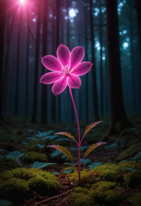 bioluminescent pink flower,fabulous night forest,magical radiance,Concept art,depth of field,Raw photo,realistic,cinematic lighting,soft shadows,sharp focus,fractal,colorful,depth of field,best quality,16k resolution,vivid colors,volumetric lighting,