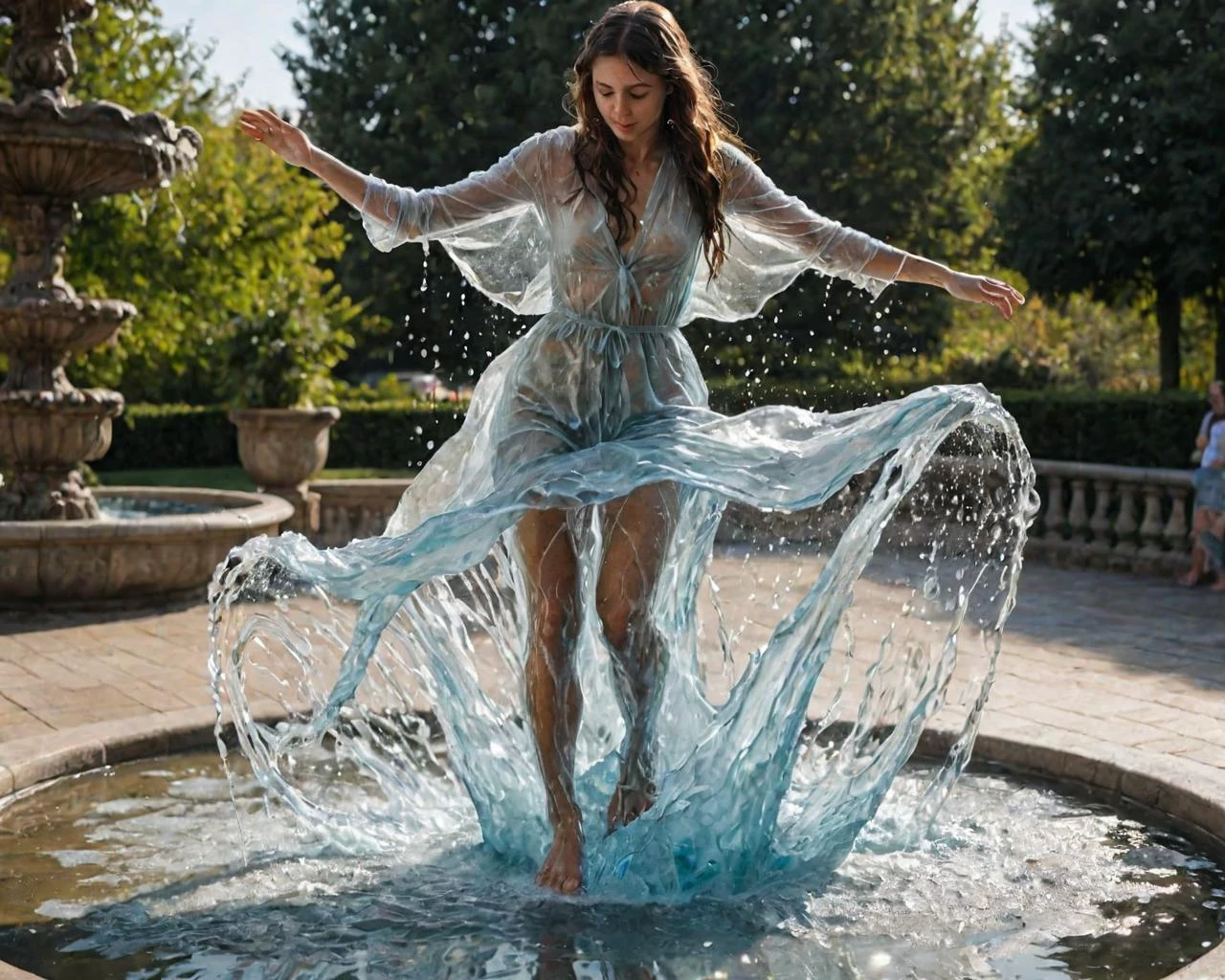 woman made of completely of water stepping out of a fountain, translucent