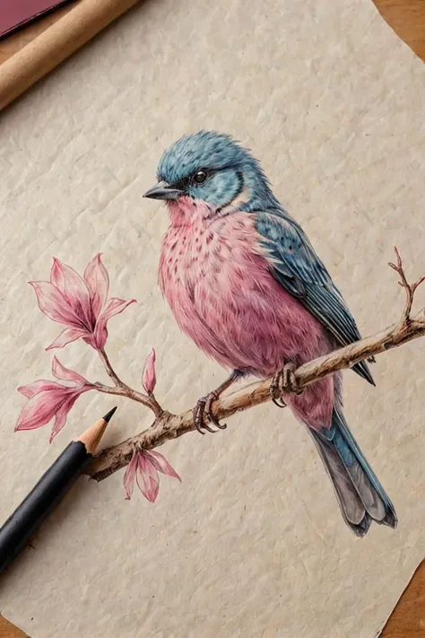 realistic, best quality, high res, highly detailed, bird,
(We see a hand drawing a 2d artwork on parchment on a desk:1.95), mauve, pink, soft pastel watercolor,