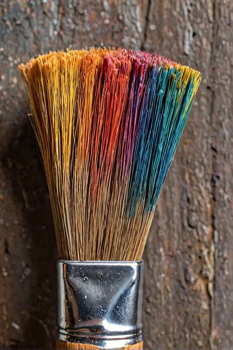 A close-up of a well-used paintbrush, its bristles splayed and stained with vibrant colors.