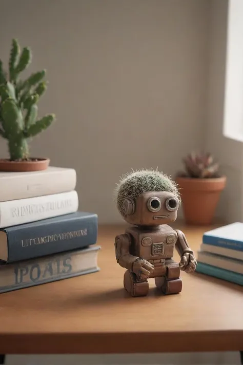 there is a small plant in a small cup on a desk, miniature product photo, product display photograph, short bookshelf, book shelf, book shelf small library, knickknacks, godray on plants, on desk, anthropomorphic cactus, displayed on mahogany desk, a still life of a robot, books on side table, bookshelf, on a desk, realistic, field, photo background,highly detailed,24mm photograph, film, bokeh, professional, 4k,