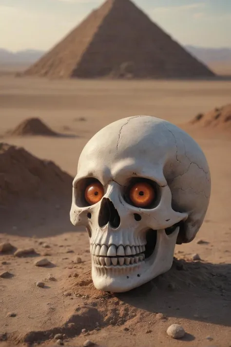 there is a skull with a big eyeball on the ground, in the art style of filip hodas, tilt shift desert background, full body character portrait image, orange planet, aztec skull, by storm thorgerson, mandelbulb 3 d buildings, high detailed cartoon, alternate reality ceramic age, skull mask, fear emoji, profile picture 1024px, surreal photo, realistic, field, photo background,highly detailed,24mm photograph, film, bokeh, professional, 4k,