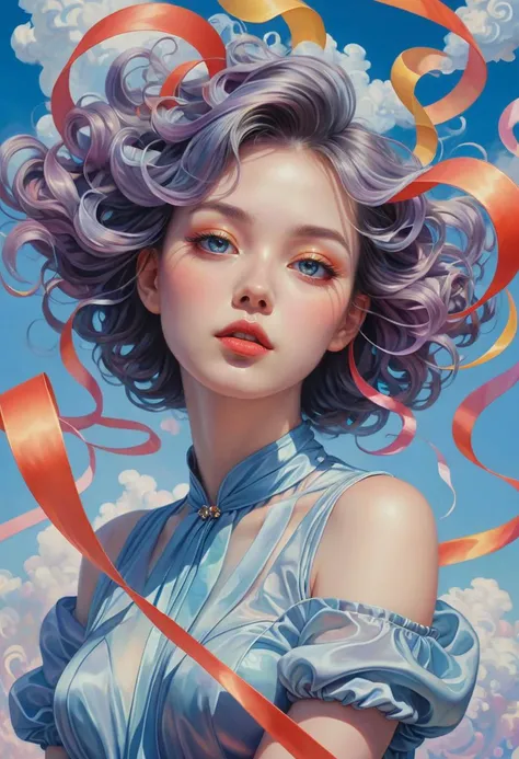 _james jean, floating female figure made of ribbons, smoke, in the sky, colorful and vibrant, mystical colors, contemporary impressionism, yanjun cheng portrait painting, iridescent painting, 3/4 perspective view, cute face, low angle, sweeping circling composition, large beautiful crystal eyes, big irises, UHD, HDR, 8K, (Masterpiece:1. 5), (the most beautiful portrait in the world:1.5)