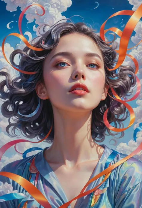 _james jean, floating female figure made of ribbons, smoke, in the sky, colorful and vibrant, mystical colors, contemporary impressionism, yanjun cheng portrait painting, iridescent painting, 3/4 perspective view, cute face, low angle, sweeping circling composition, large beautiful crystal eyes, big irises, UHD, HDR, 8K, (Masterpiece:1. 5), (the most beautiful portrait in the world:1.5)