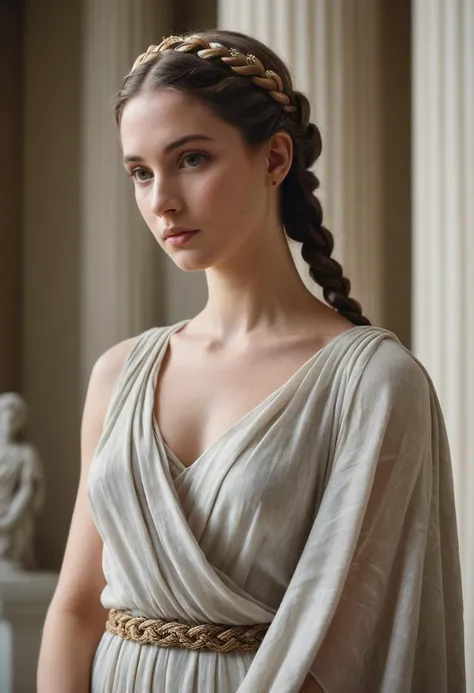 Mamiya photography,film grain,1950s style,foreground blur,close up,Marble sculpture, female figure, classical style, Greco-Roman art, draped fabric, contrapposto pose, detailed hairstyle with braids and tiara, neutral background, natural light beam, museum setting, artful nudity, subtle patina, intricately carved, full figure, timeless beauty, cultural artifact.,