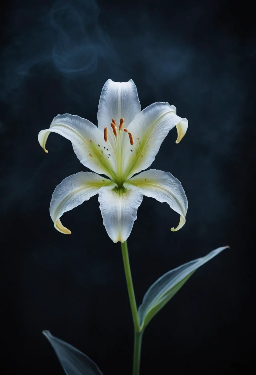 ais-ghostly, single lily in the style of an X-ray, on a dark bokeh background