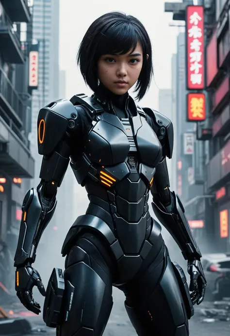 sci-fi style a girl in the dark, mecha, sci-fi armor, black matte angular armor, (cinematic pose,action pose ,buringi city, Bladerunner 2049, futuristic, technological, alien worlds, space themes, advanced civilizations