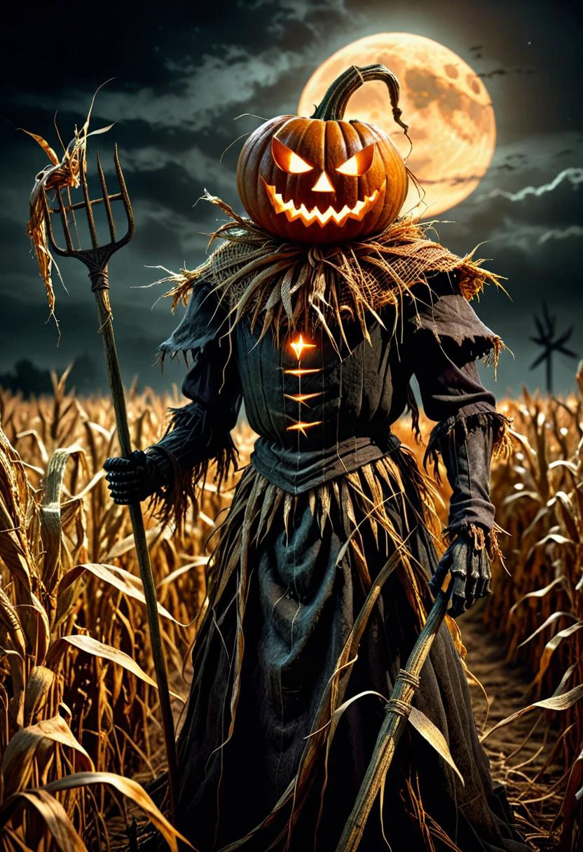 Dark Fantasy Art, Dark Moody Atmosphere, A menacing pumpkin-headed scarecrow looms in a moonlit cornfield, wielding a rusted pitchfork. Eerie orange light flickers within its carved grimace. Tattered robes billow in the autumn wind. Mystical runes glow on its straw-stuffed body, evoking ancient harvest rituals., dramatic, mysterious, dark moody atmosphere, dark, moody, dark fantasy style