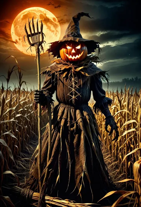 Dark Fantasy Art, Dark Moody Atmosphere, A menacing pumpkin-headed scarecrow looms in a moonlit cornfield, wielding a rusted pitchfork. Eerie orange light flickers within its carved grimace. Tattered robes billow in the autumn wind. Mystical runes glow on its straw-stuffed body, evoking ancient harvest rituals., dramatic, mysterious, dark moody atmosphere, dark, moody, dark fantasy style