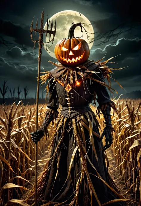 Dark Fantasy Art, Dark Moody Atmosphere, A menacing pumpkin-headed scarecrow looms in a moonlit cornfield, wielding a rusted pitchfork. Eerie orange light flickers within its carved grimace. Tattered robes billow in the autumn wind. Mystical runes glow on its straw-stuffed body, evoking ancient harvest rituals., dramatic, mysterious, dark moody atmosphere, dark, moody, dark fantasy style