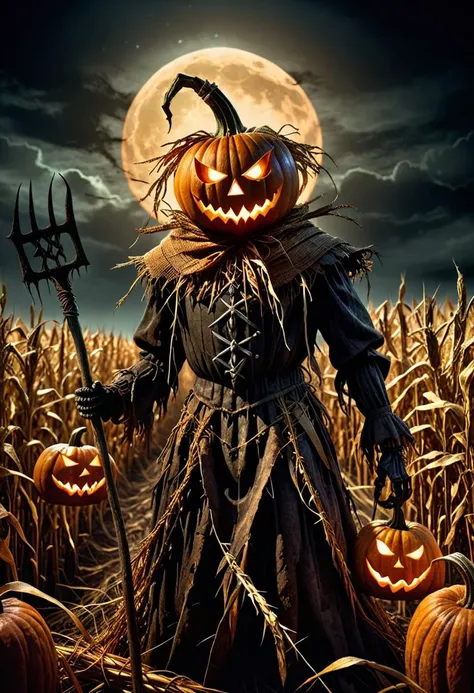 Dark Fantasy Art, Dark Moody Atmosphere, A menacing pumpkin-headed scarecrow looms in a moonlit cornfield, wielding a rusted pitchfork. Eerie orange light flickers within its carved grimace. Tattered robes billow in the autumn wind. Mystical runes glow on its straw-stuffed body, evoking ancient harvest rituals., dramatic, mysterious, dark moody atmosphere, dark, moody, dark fantasy style