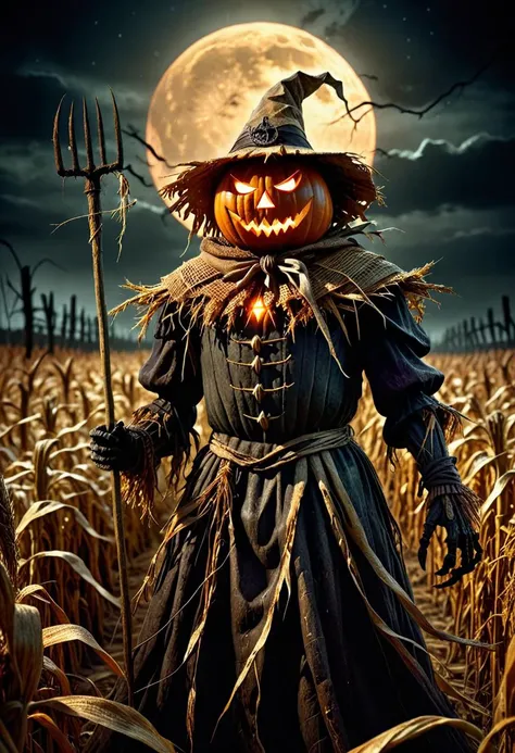 Dark Fantasy Art, Dark Moody Atmosphere, A menacing pumpkin-headed scarecrow looms in a moonlit cornfield, wielding a rusted pitchfork. Eerie orange light flickers within its carved grimace. Tattered robes billow in the autumn wind. Mystical runes glow on its straw-stuffed body, evoking ancient harvest rituals., dramatic, mysterious, dark moody atmosphere, dark, moody, dark fantasy style