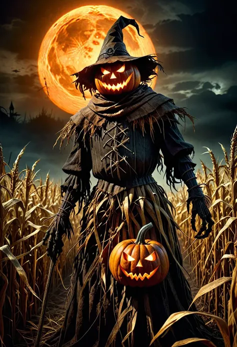 Dark Fantasy Art, Dark Moody Atmosphere, A menacing pumpkin-headed scarecrow looms in a moonlit cornfield, wielding a rusted pitchfork. Eerie orange light flickers within its carved grimace. Tattered robes billow in the autumn wind. Mystical runes glow on its straw-stuffed body, evoking ancient harvest rituals., dramatic, mysterious, dark moody atmosphere, dark, moody, dark fantasy style