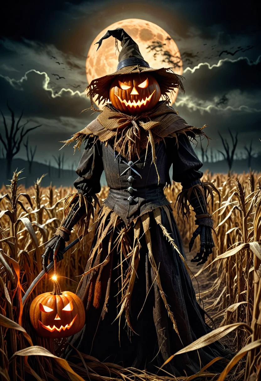 Dark Fantasy Art, Dark Moody Atmosphere, A menacing pumpkin-headed scarecrow looms in a moonlit cornfield, wielding a rusted pitchfork. Eerie orange light flickers within its carved grimace. Tattered robes billow in the autumn wind. Mystical runes glow on its straw-stuffed body, evoking ancient harvest rituals., dramatic, mysterious, dark moody atmosphere, dark, moody, dark fantasy style