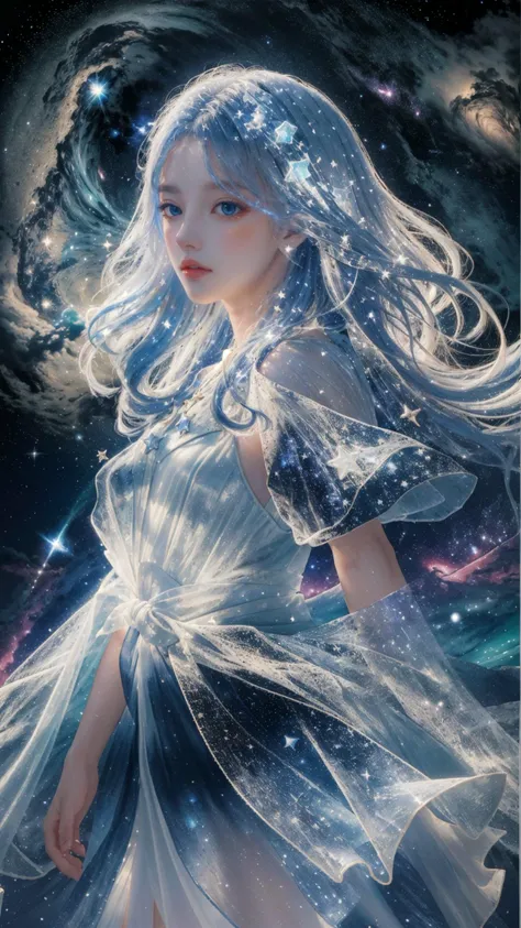 masterpiece, best quality,highres, 1girl, long_white_hair, stars in the eyes, see_through, (((glistening light))), (Luminous), detailed shadow, meteor, stars, galaxy, nebula, stars in white dress, messy floating hair, colored inner hair, Starry sky adorns hair, chiffon, tullece, <lora:fanxing:0.7>, fanxing, white theme