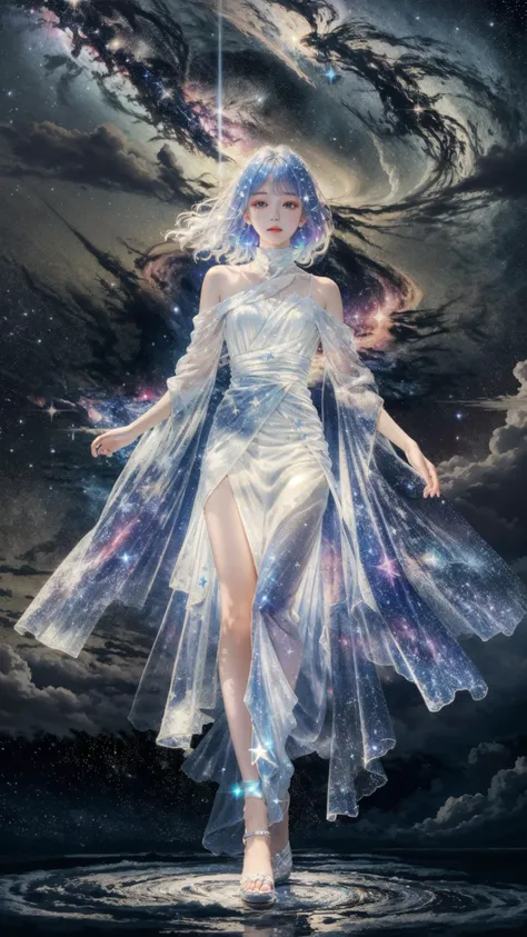 masterpiece, best quality,highres, 1girl, long_white_hair, stars in the eyes, full body, see_through, (((glistening light))), (Luminous), detailed shadow, meteor, stars, galaxy, nebula, stars in white dress, messy floating hair, colored inner hair, Starry sky adorns hair, chiffon, tullece, <lora:fanxing:0.7>, fanxing, white theme