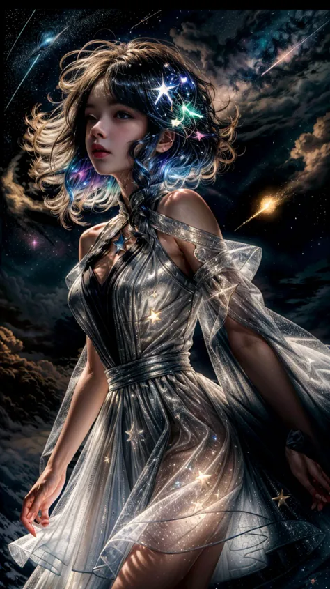 <lora:fanxing:0.7>masterpiece,best quality,highres,1girl,(long_white_hair:1.2),stars in the eyes,messy floating hair,colored inner hair,Starry sky adorns hair,tullece,see_through,(((glistening light))),(Luminous),detailed shadow,meteor,fanxing,stars in white dress,tuxedo ,<lora:SD Add more details:0.75>