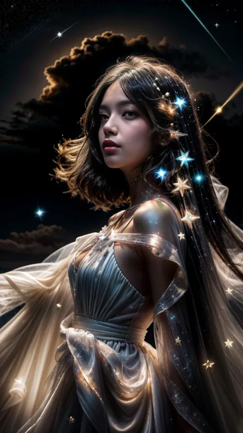 <lora:fanxing:0.7>masterpiece,best quality,highres,1girl,(long_white_hair:1.2),stars in the eyes,messy floating hair,colored inner hair,Starry sky adorns hair,tullece,see_through,(((glistening light))),(Luminous),detailed shadow,meteor,fanxing,stars in white dress,tuxedo,<lora:SD Add more details:0.75>