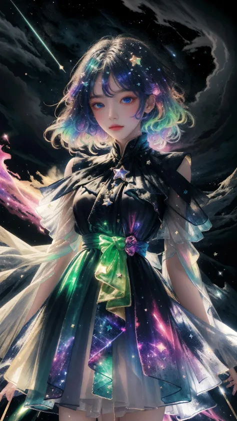 masterpiece, best quality,highres, 1girl, stars in the eyes, see_through, (((glistening light))), (Luminous), detailed shadow, meteor, stars, galaxy, nebula, stars in dress, messy floating hair, colored inner hair, Starry sky adorns hair, chiffon, tullece, <lora:fanxing:0.7>, <lora:liuli:0.4>, liuli, chromatic dispersion, coloured glaze, Polychromatic prism effect, rainbowcore, iridescence/opalescence, glowing colors