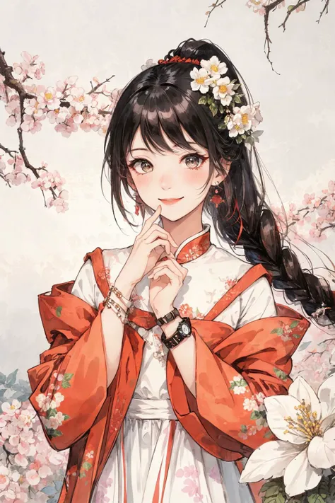 1girl, solo, braid, jewelry, blush, earrings, flower, bangs, floral print, looking at viewer, smile, long hair, long sleeves, floral background, upper body, dress, watch, bracelet, puffy sleeves, wristwatch, black hair, hair over shoulder, single braid, ribbon, white flower, hair ribbon, closed mouth, hand up, braided ponytail, chinese clothes, white dress, blue dress, hand on own chin, traditional media, brown hair, (masterpiece, best quality, high quality, highres, ultra-detailed),