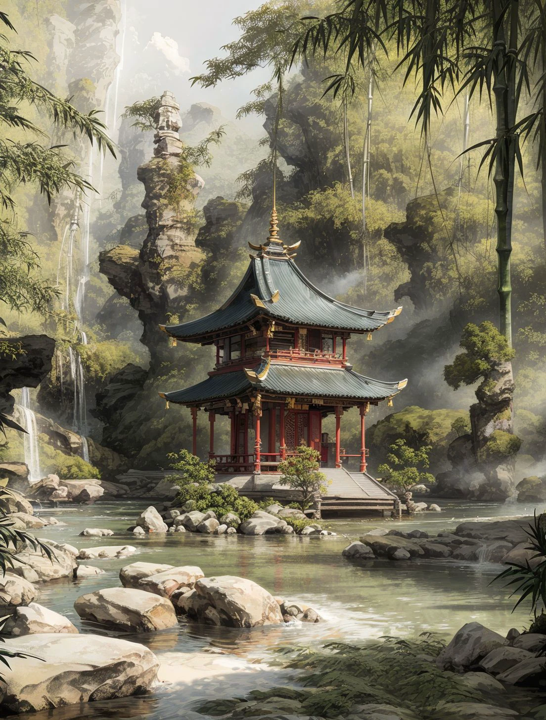(masterpiece, best quality, high quality, highres, ultra-detailed), concert, <lora:Concept_scenery_background:0.6>, bamboo, bamboo forest, stone road, temple,, (masterpiece, best quality, high quality, highres, ultra-detailed),