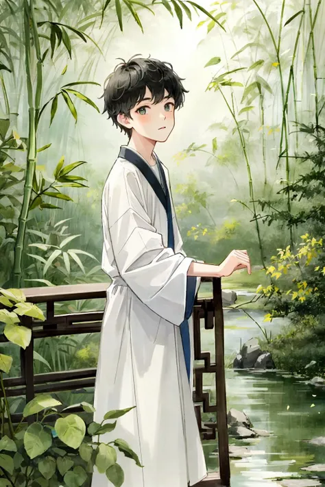 13 year old BOY
,white shirt,beauty, (trees:0.5), (flowers:0.6) ,(birds:0.2), (bamboo0.1), lakes, Hangzhou,looking at viewer,