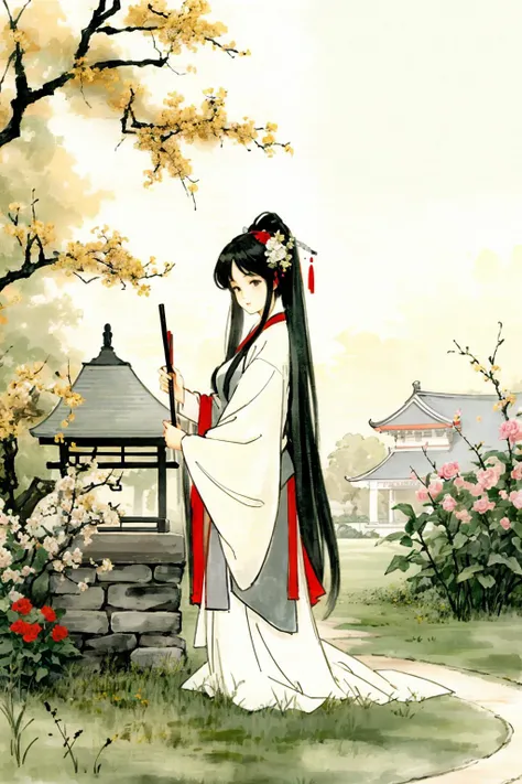 1girl,hanfu,beauty, (trees:0.5), (flowers:0.6) ,garden,CHINESE STYLE building,