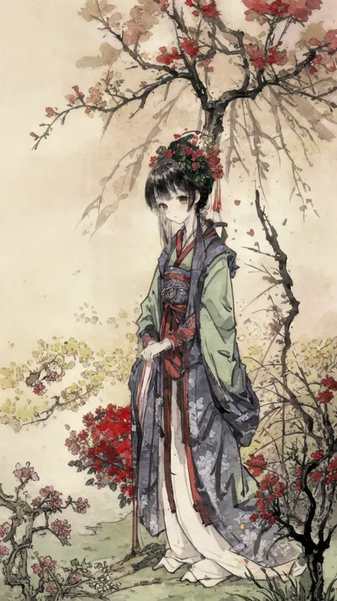 masterpiece, high quality,
<lora:shuimobysimV3:0.7>,shuimosuxiebysim,
flower field, garden, tree,
1girl, china dress, standing,