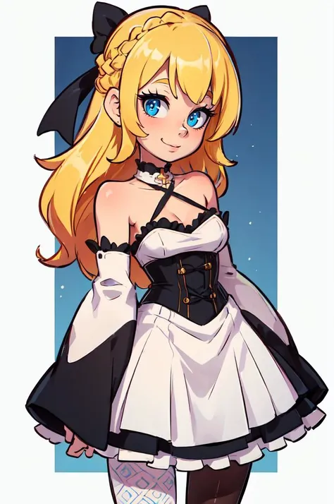 ultra detailed, masterpiece, best quality, solo, soft smile, light smile,
1girl, blue eyes, very long hair, blonde hair, long blonde hair, french braid, bangs, medium breasts,
hair ribbon, frilled choker, criss-cross halter, sleeveless dress, high-waist skirt, backless dress, waist bow, detached sleeves, frilled sleeves, wide sleeves, pantyhose, patterned legwear, mary janes, <lora:_TheOtherHalf_v3_R128_70:1>