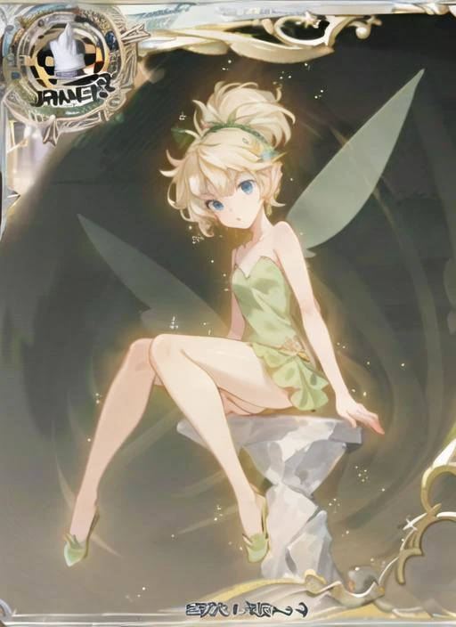 ((best quality)), ((highly detailed)), masterpiece, ((official art)), detailed face, beautiful face, (detailed eyes, deep eyes), (1girl), full body, <lora:tinkerbell_v10:1>, tinker bell, blue eyes, blonde hair, short hair, short pony tail, fairy wings, (flying:1.2), sparkles, glitter, glowing, green fairy outfit, green slippers