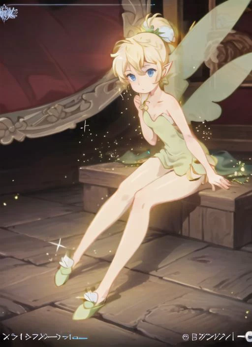 ((best quality)), ((highly detailed)), masterpiece, ((official art)), extremely detailed face, beautiful face, (detailed eyes, deep eyes), (1girl), full body, <lora:tinkerbell_v10:1>, tinker bell, blue eyes, blonde hair, short hair, short pony tail, fairy wings, symmetrical wings, (flying:1.2), sparkles, glitter, glowing, green fairy outfit, green slippers