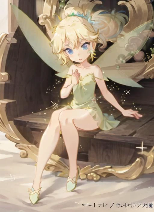 ((best quality)), ((highly detailed)), masterpiece, ((official art)), (detailed eyes, deep eyes), (1girl), full body, <lora:tinkerbell_v10:1>, tinker bell, blue eyes, blonde hair, short hair, short pony tail, fairy wings, (flying:1.2), sparkles, glitter, glowing, green fairy outfit, green slippers