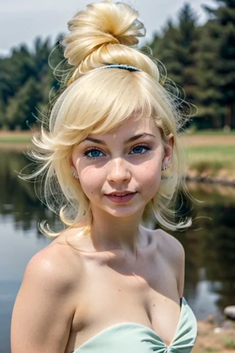 analog style, modelshoot style, RAW photo, tinker bell, portrait of a beautiful young girl, 18yo, outdoors near a lake, (high detailed skin:1.2), 8k uhd, dslr, soft lighting, high quality, film grain, Fujifilm XT3, <lora:tinkerbell_v10:1>