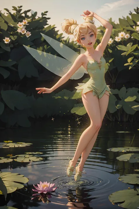 award-winning photography,1girl, full body shot, happy, two fairy wings, dancing on waterlily, lake, (bokeh, UHD, HDR, highres, ultra detailed, intricate details, textural effects, absurdres, masterpiece, 8k:1.2), 
 tinker bell <lora:tinkerbell_v10:1>