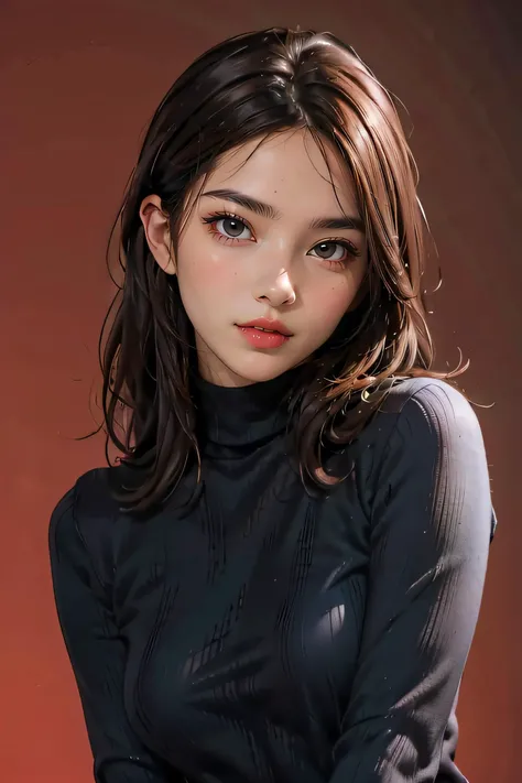 1girl,turtleneck sweater,simple background,red background,<lora:sweetyMixGirl_V2:0.8>,