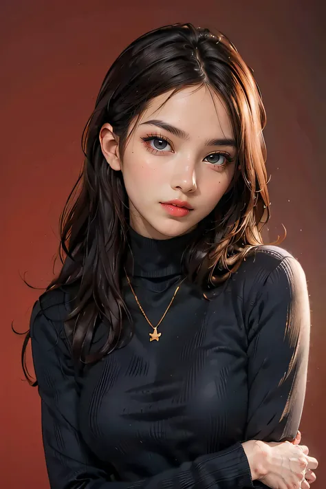 1girl,turtleneck sweater,simple background,red background,<lora:sweetyMixGirl_V2:0.8>,