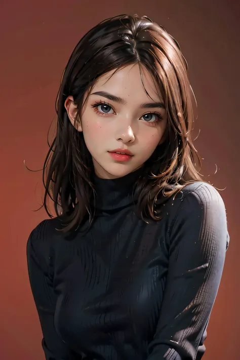 1girl,turtleneck sweater,simple background,red background,<lora:sweetyMixGirl_V2:0.8>,