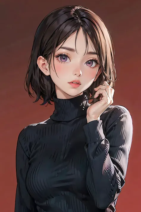 1girl,turtleneck sweater,simple background,red background,<lora:sweetyMixGirl_V2:0.8>,