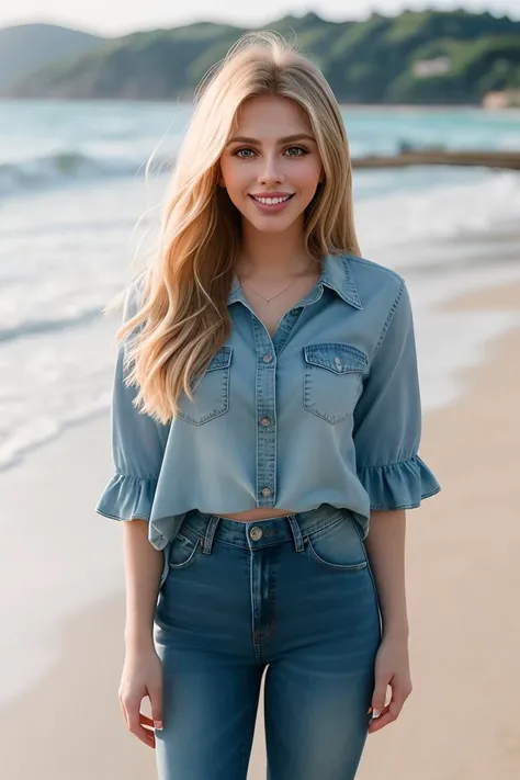 professional portrait photograph of (4br31t:0.99), in summer clothing, beautiful face, cute natural makeup, wearing ruffle top, (long jeans), ((standing on a beach wooden promenade)), beautiful sunny day, ultra realistic, concept art, elegant, highly detailed, intricate, sharp focus, depth of field, f/1. 8, 85mm, medium shot, mid shot, (centered image composition), (professionally color graded), ((bright soft diffused light)), trending on instagram, trending on tumblr, hdr 4k, 8k, (grin512)