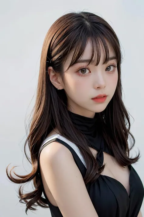 1girl,hair with bangs,black long dress,white background, <lora:KaewBNK48-04:1>
