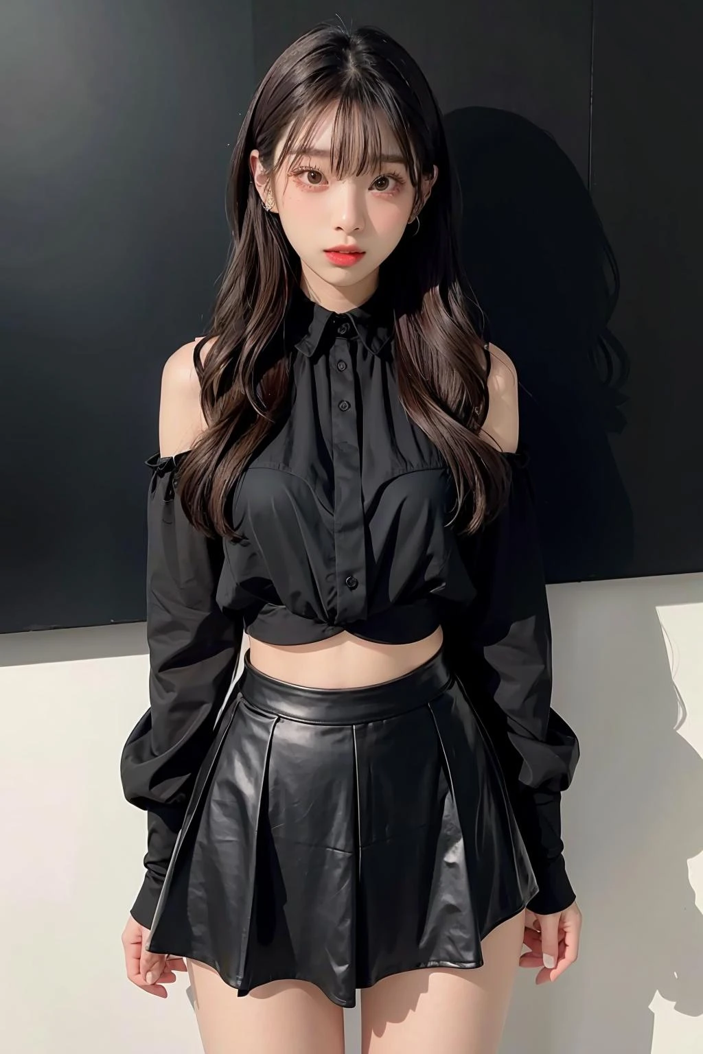 1girl,hair with bangs,black blouse and black skirt, ,white background, <lora:KaewBNK48-04:1>